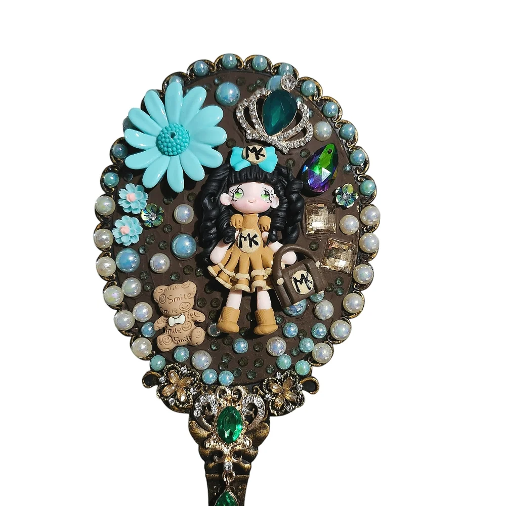 Handheld Beauty Makeup Mirror Clay Doll Bling Embellished Fashion Teal Brown